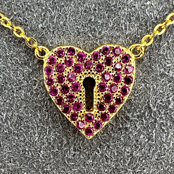 18K Gold Plated over 925 Sterling Silver Luxury Heart Lock With Key Necklace - Picture 2 of 9